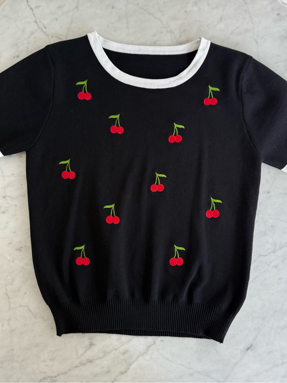 Cherry Embroidered Knit Top | Black Short Sleeve Sweater Tee